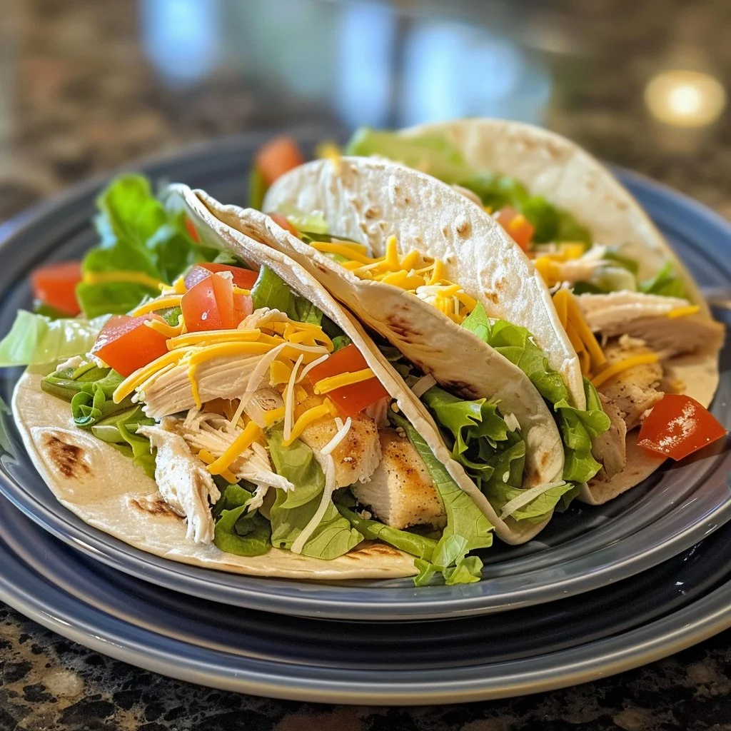 Delicious Ranch Chicken Tacos served on a plate with fresh toppings