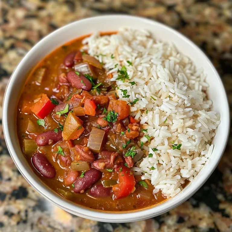 Delicious bowl of red beans and rice with sausage and herbs