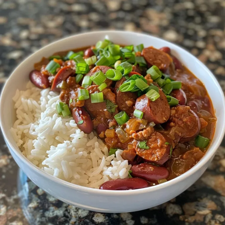 Plate of red beans and rice with sausage garnished with green onions.