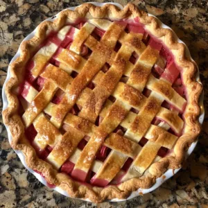 Slice of delicious Rhubarb Custard Pie with a golden crust and creamy filling.