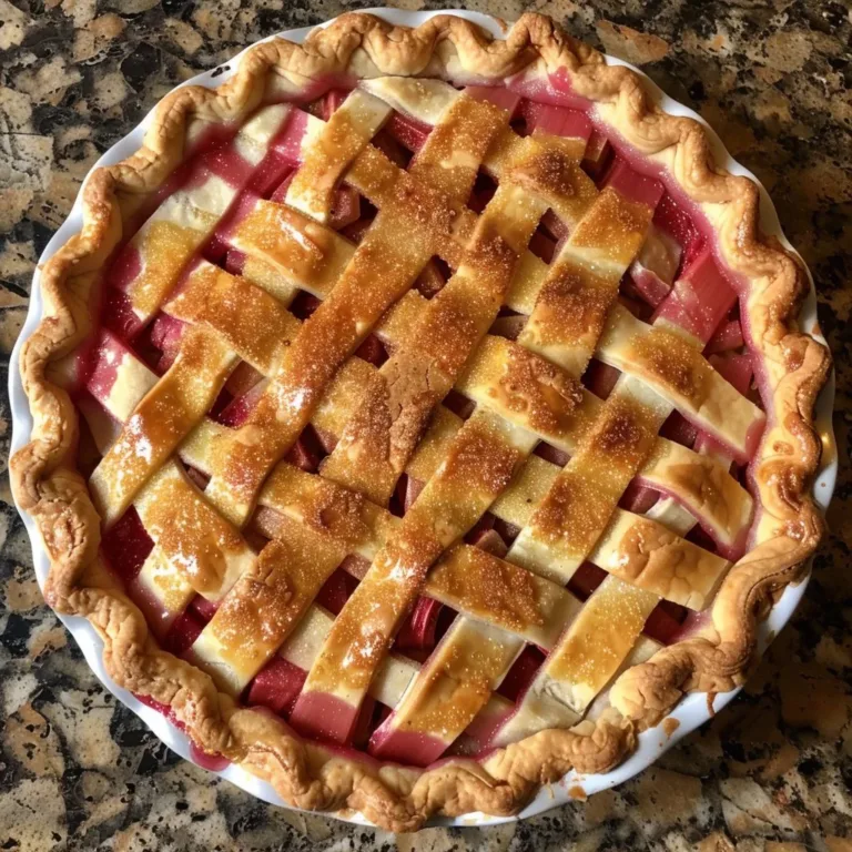 Slice of delicious Rhubarb Custard Pie with a golden crust and creamy filling.