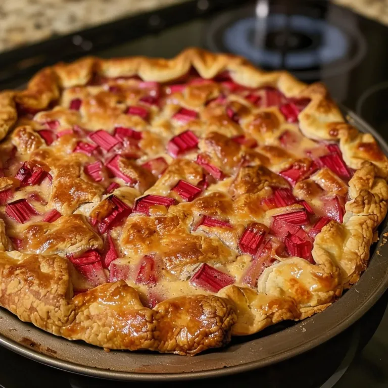 Rhubarb custard galette on a rustic wooden table