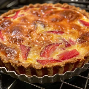 Delicious homemade rhubarb custard tart garnished with fresh rhubarb slices