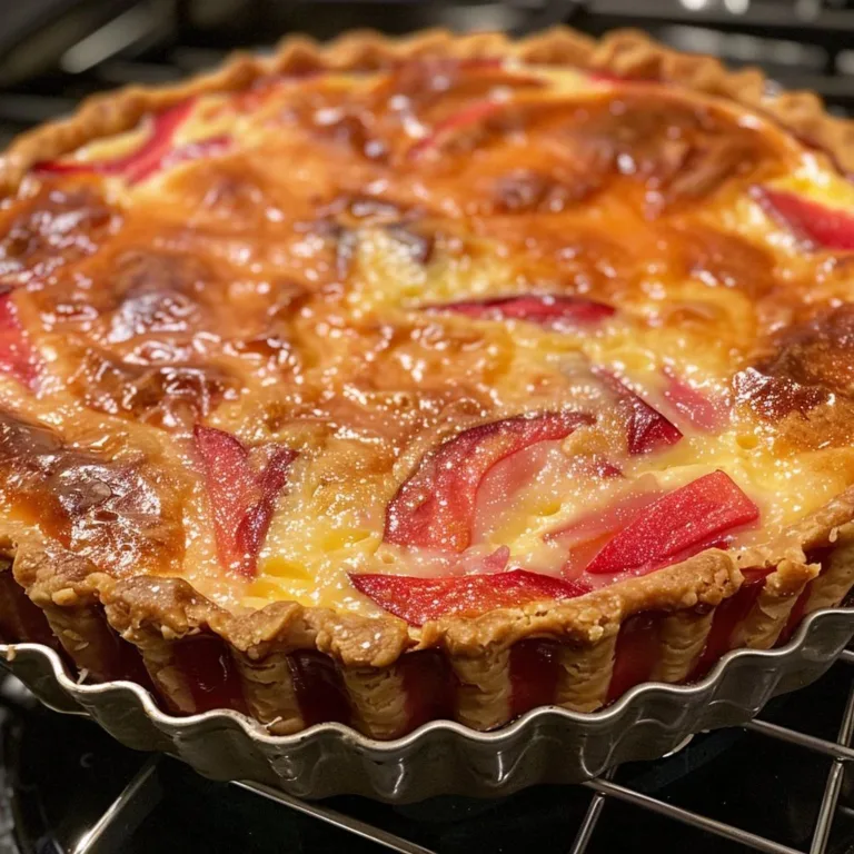 Delicious homemade rhubarb custard tart garnished with fresh rhubarb slices