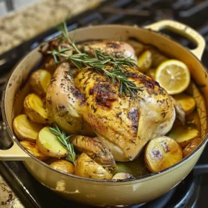 Rosemary Dutch oven chicken with potatoes, a delicious one-pot meal.