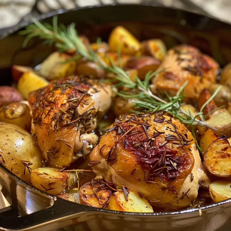 Rosemary Roasted Dutch Oven Chicken with Potatoes in a rustic dish