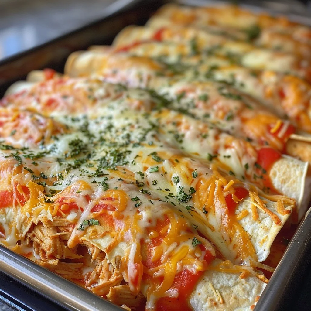Delicious salsa chicken enchiladas topped with cheese and fresh herbs