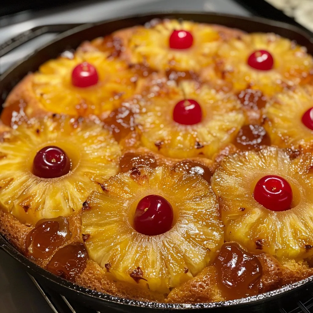 Skillet Pineapple Upside-Down Cake beautifully plated with caramelized pineapple.