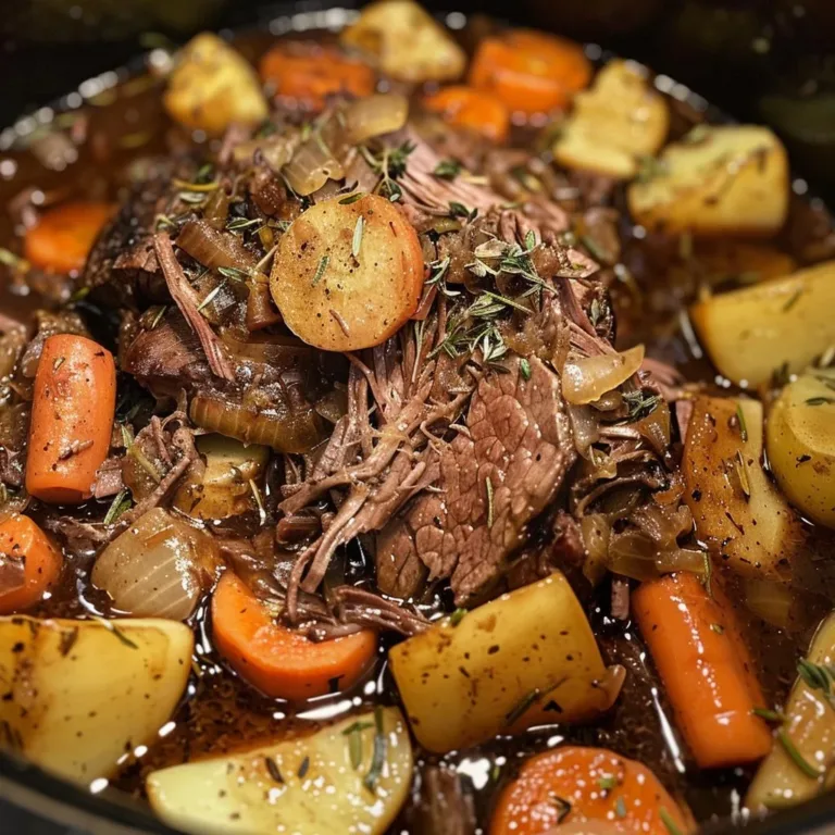 Slow Cooker Beef Pot Roast served with vegetables and herbs