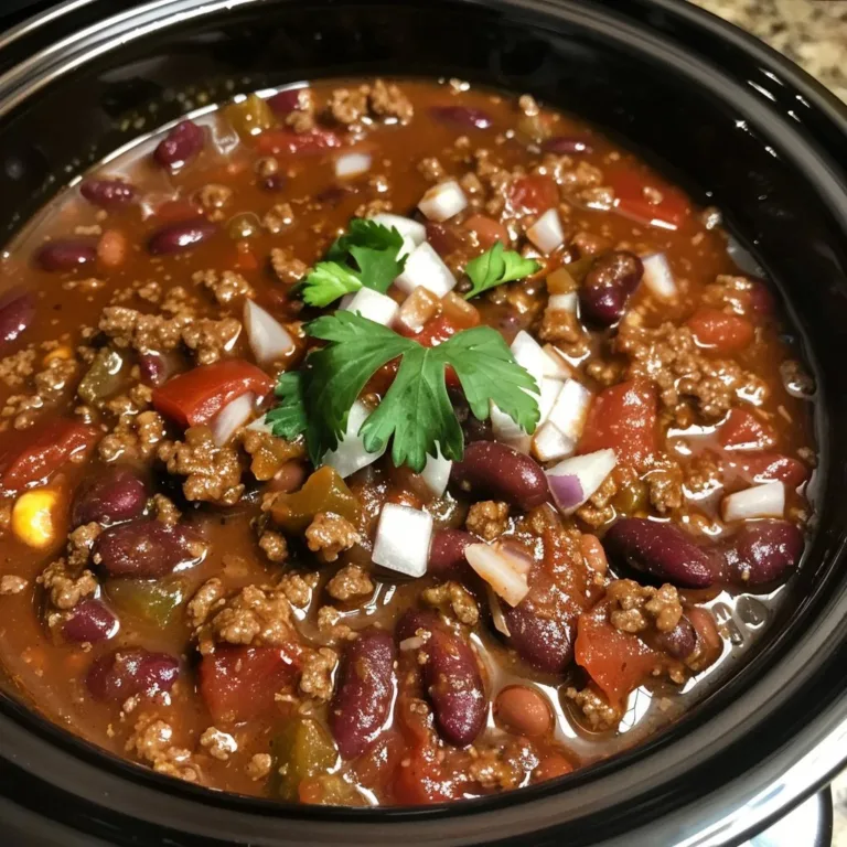 Bowl of flavorful slow cooker chili topped with cheese and fresh herbs.