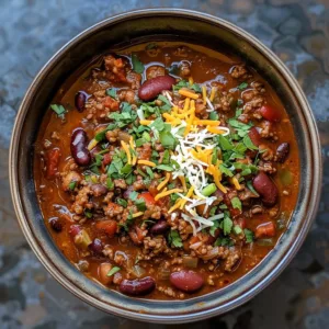 Delicious slow cooker chili in a bowl topped with cheese and cilantro