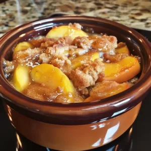 Delicious slow cooker peach cobbler dessert with fresh peaches and a golden crust