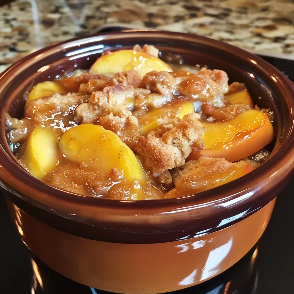 Delicious slow cooker peach cobbler dessert with fresh peaches and a golden crust