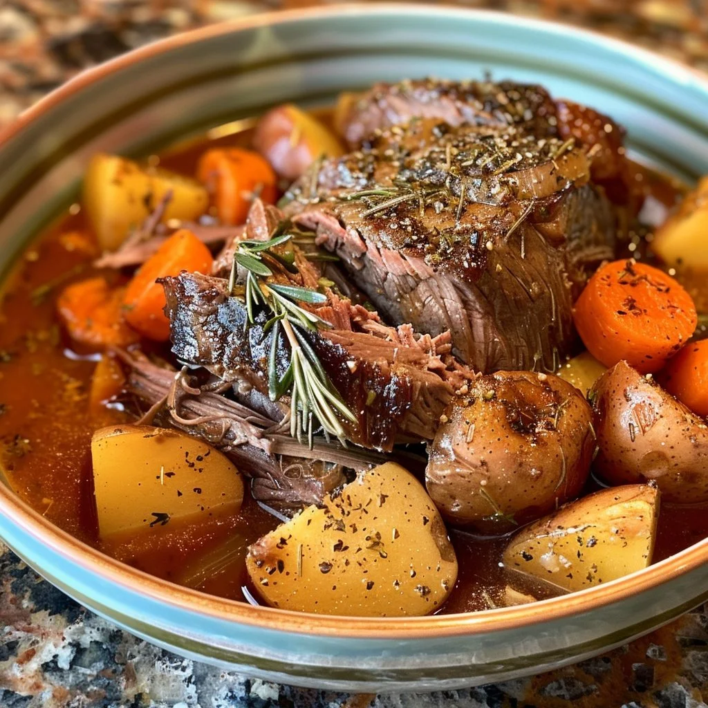 Slow cooker pot roast with garlic and herbs, a delicious and tender meal.