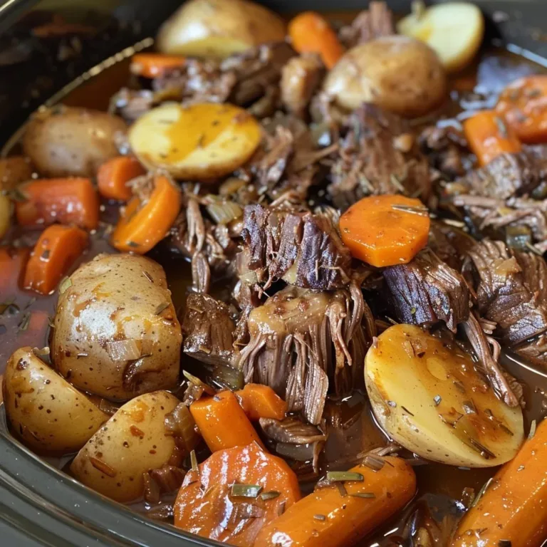 Delicious slow cooker pot roast with colorful vegetables ready to serve