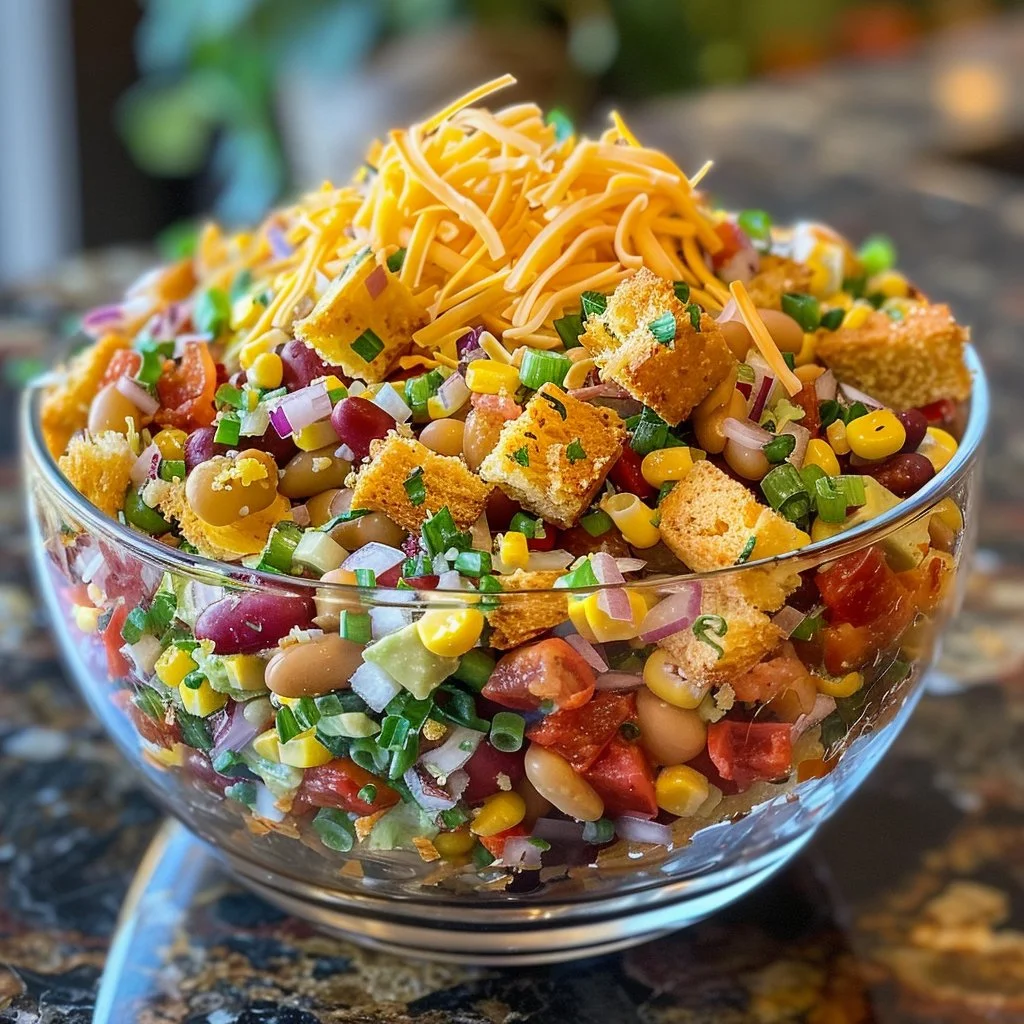 Layered Southern Cornbread Salad in a party bowl, topped with fresh ingredients.