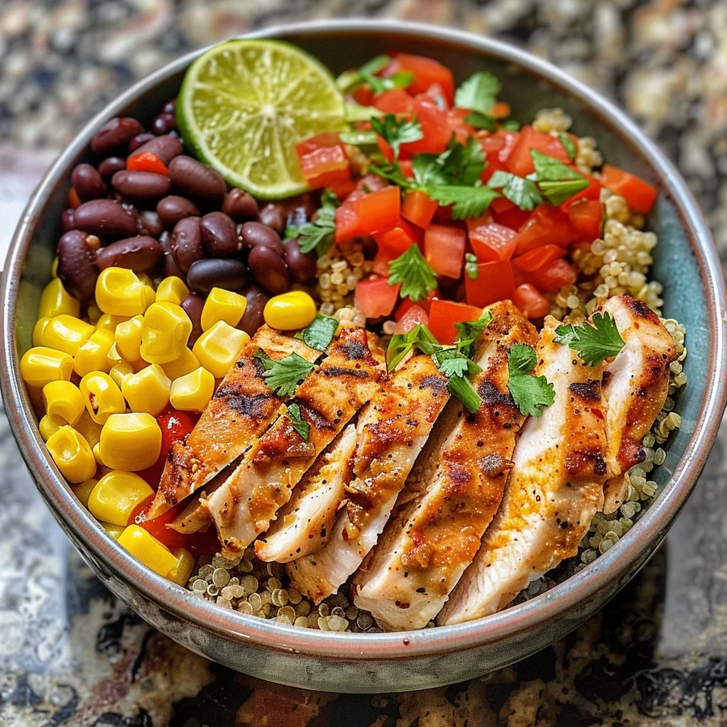 Colorful Southwest Chicken Quinoa Bowl with fresh vegetables and spices