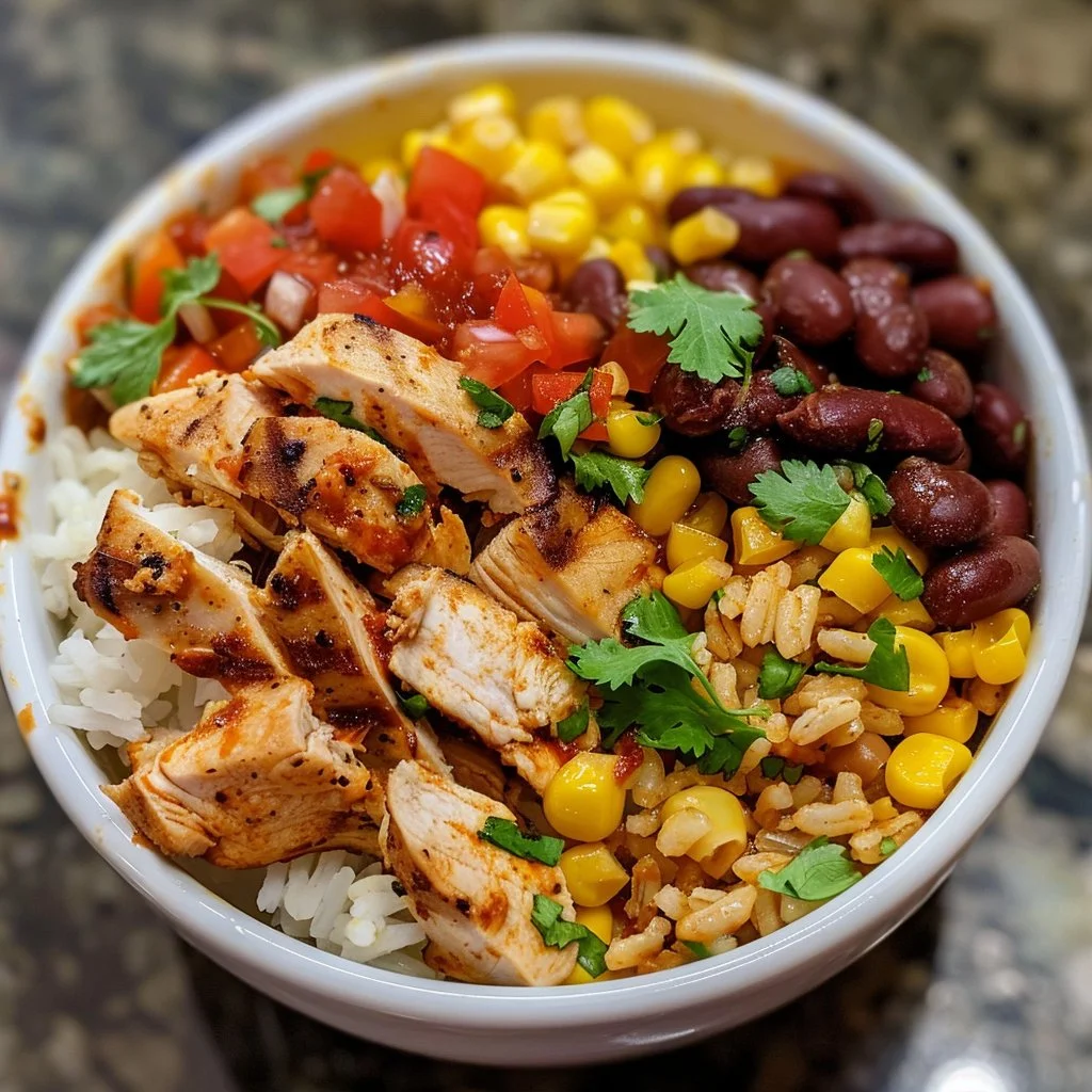 Delicious Southwest chicken rice bowl with vibrant ingredients and garnishes.
