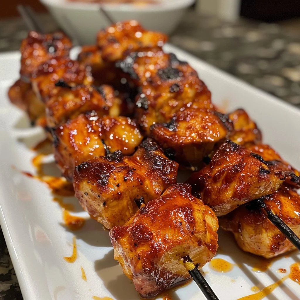 Spicy BBQ chicken skewers grilled to perfection with smoky barbecue flavor