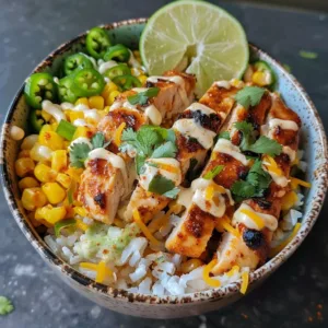 Delicious spicy chicken bowl garnished with street corn and fresh herbs.