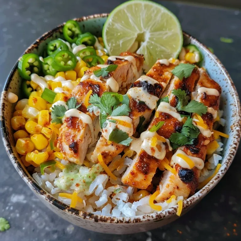 Delicious spicy chicken bowl garnished with street corn and fresh herbs.