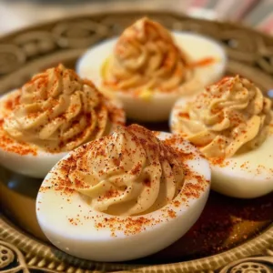 Delicious spicy deviled eggs garnished with paprika and fresh herbs