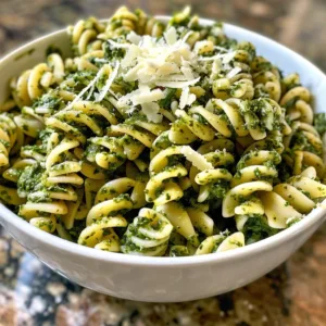 Bowl of fresh spinach pesto pasta salad garnished with herbs and vegetables.