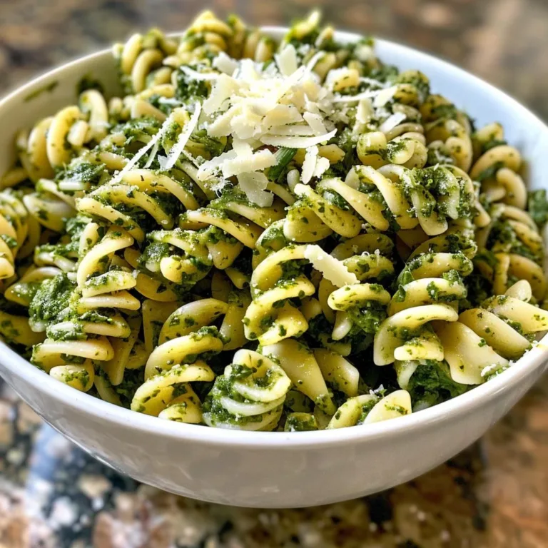 Bowl of fresh spinach pesto pasta salad garnished with herbs and vegetables.