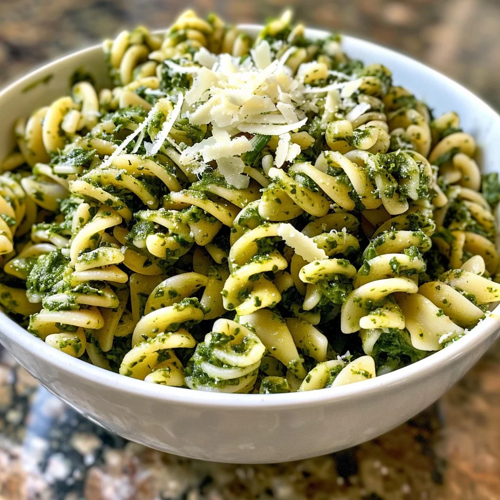 Bowl of fresh spinach pesto pasta salad garnished with herbs and vegetables.