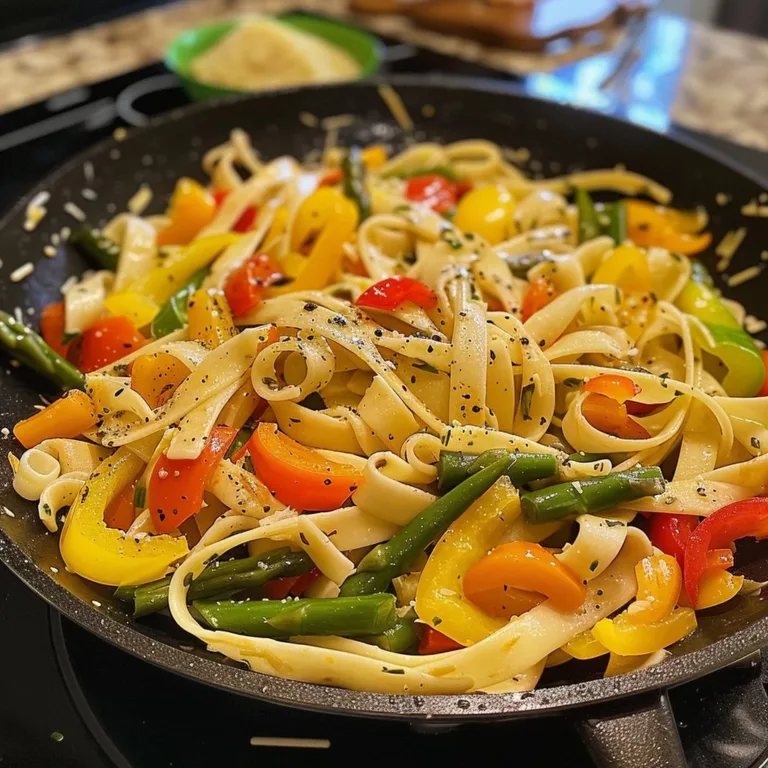 Plate of colorful spring vegetable fettuccine topped with herbs.