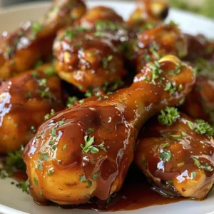 Oven-baked sticky BBQ drumsticks glistening with sauce, served on a plate.