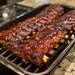 Delicious sticky-glazed BBQ ribs on a grill, ready to serve.