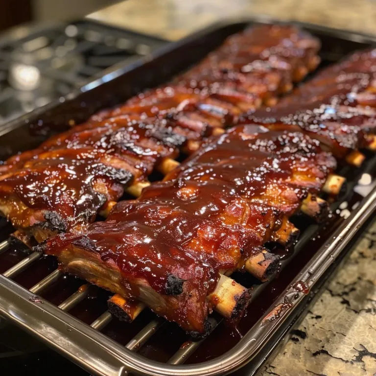 Delicious sticky-glazed BBQ ribs on a grill, ready to serve.