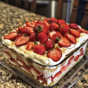 Strawberry Cheesecake Icebox Cake with layers of strawberries and cream