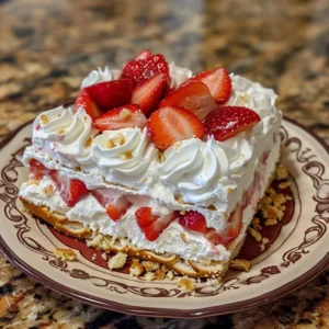 Delicious Strawberry Pretzel Lasagna served in a glass dish.