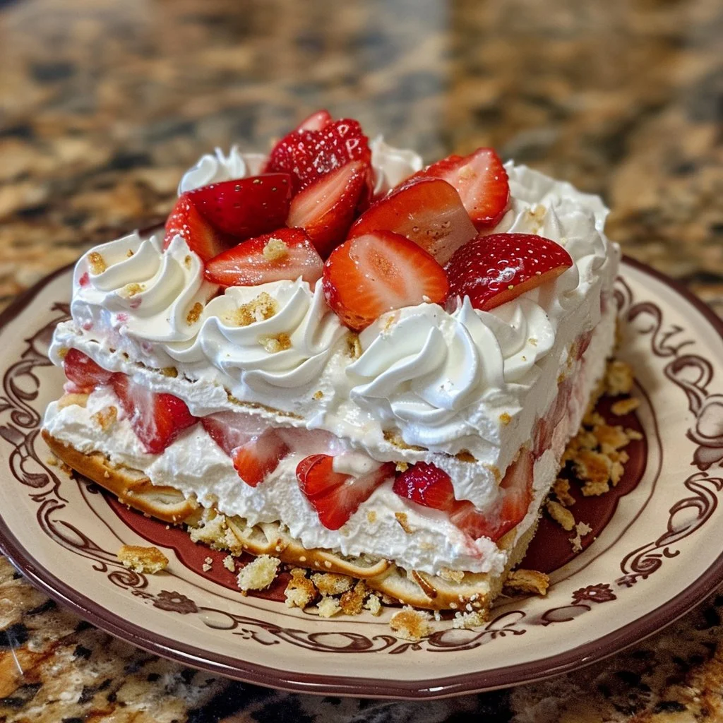 Delicious Strawberry Pretzel Lasagna served in a glass dish.