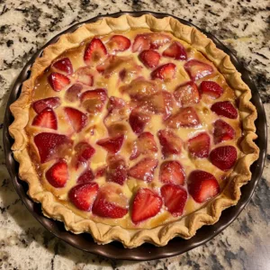 Delicious homemade strawberry rhubarb custard pie on a rustic table