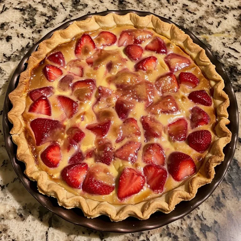 Delicious homemade strawberry rhubarb custard pie on a rustic table