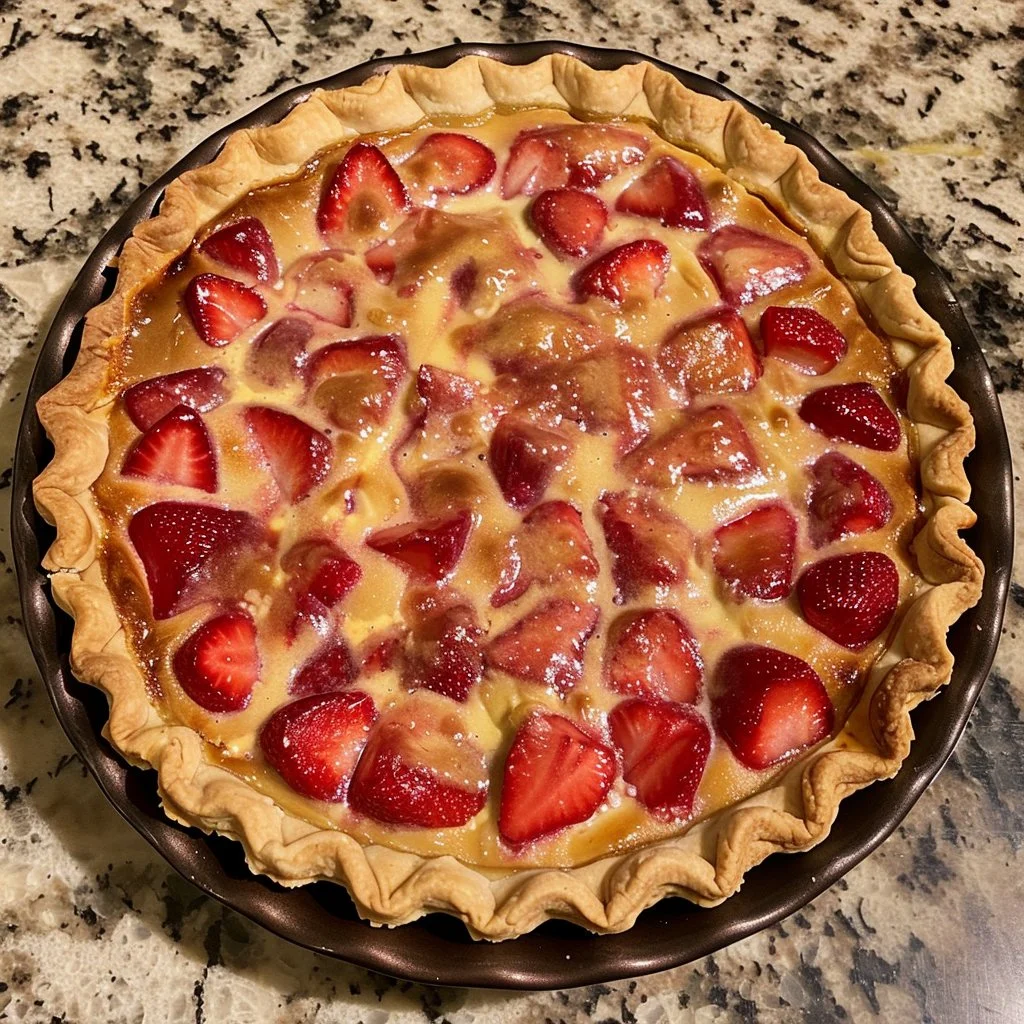 Delicious homemade strawberry rhubarb custard pie on a rustic table