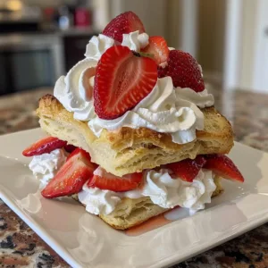 Delicious strawberry shortcake biscuit topped with fresh strawberries and whipped cream.