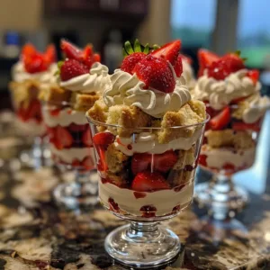 Delicious strawberry trifle dessert cups layered with cream and strawberries