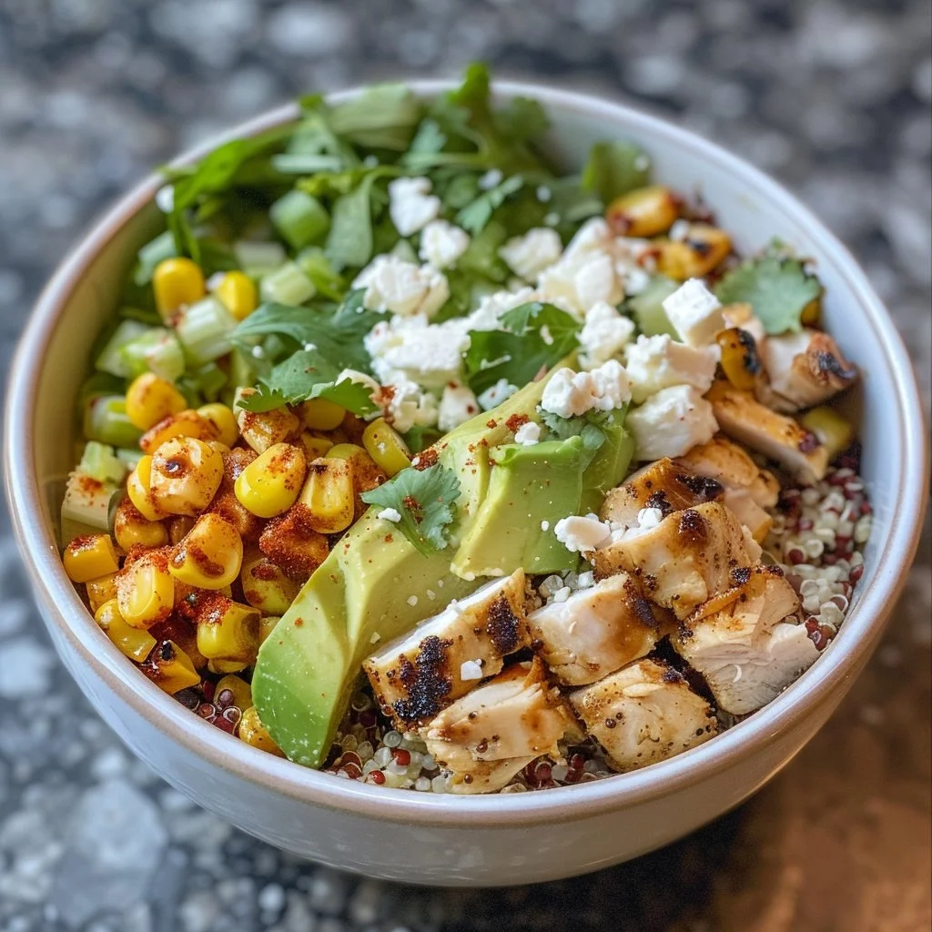 Street Corn Chicken Quinoa Bowls with fresh ingredients and vibrant toppings