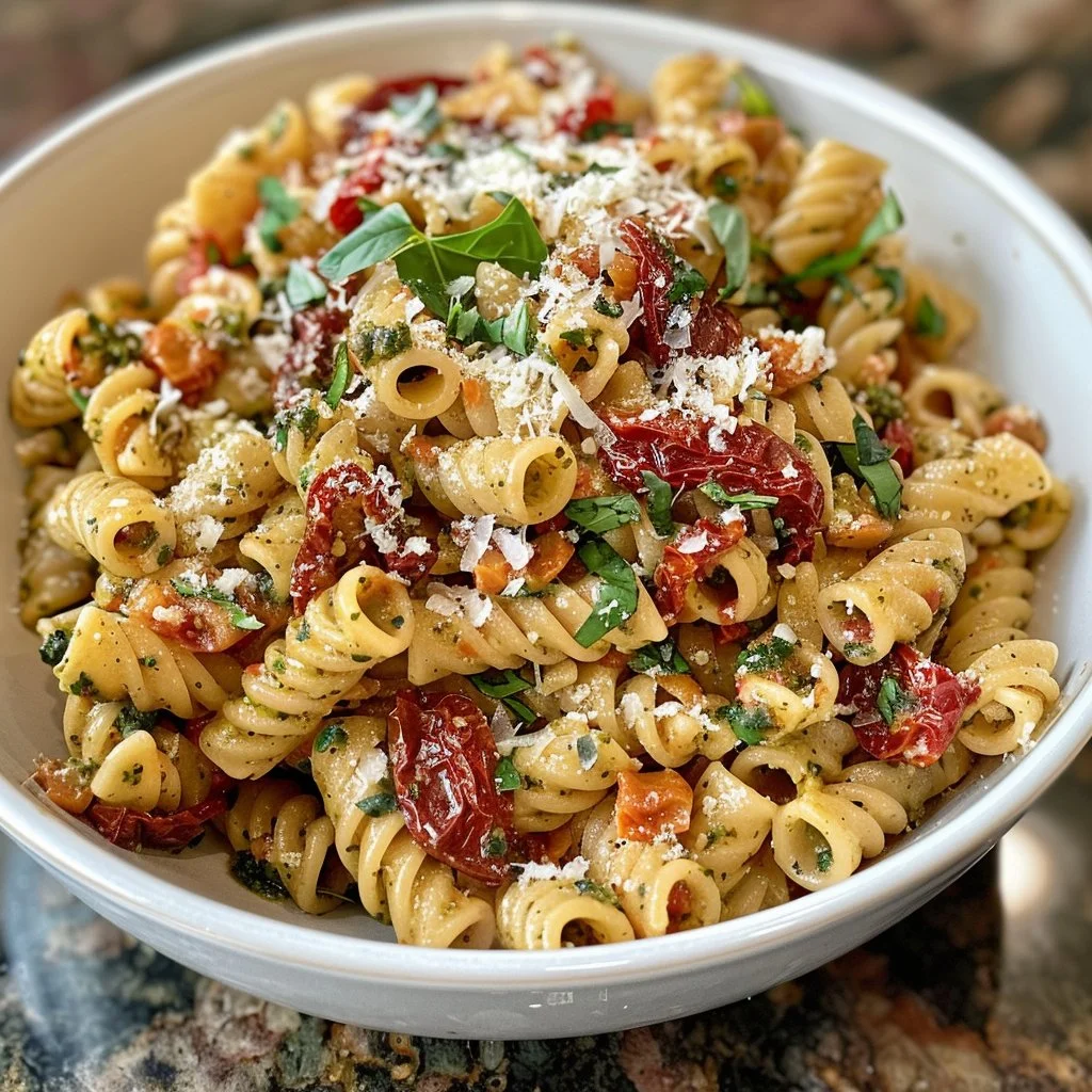 Delicious sun-dried tomato pesto pasta garnished with fresh basil.