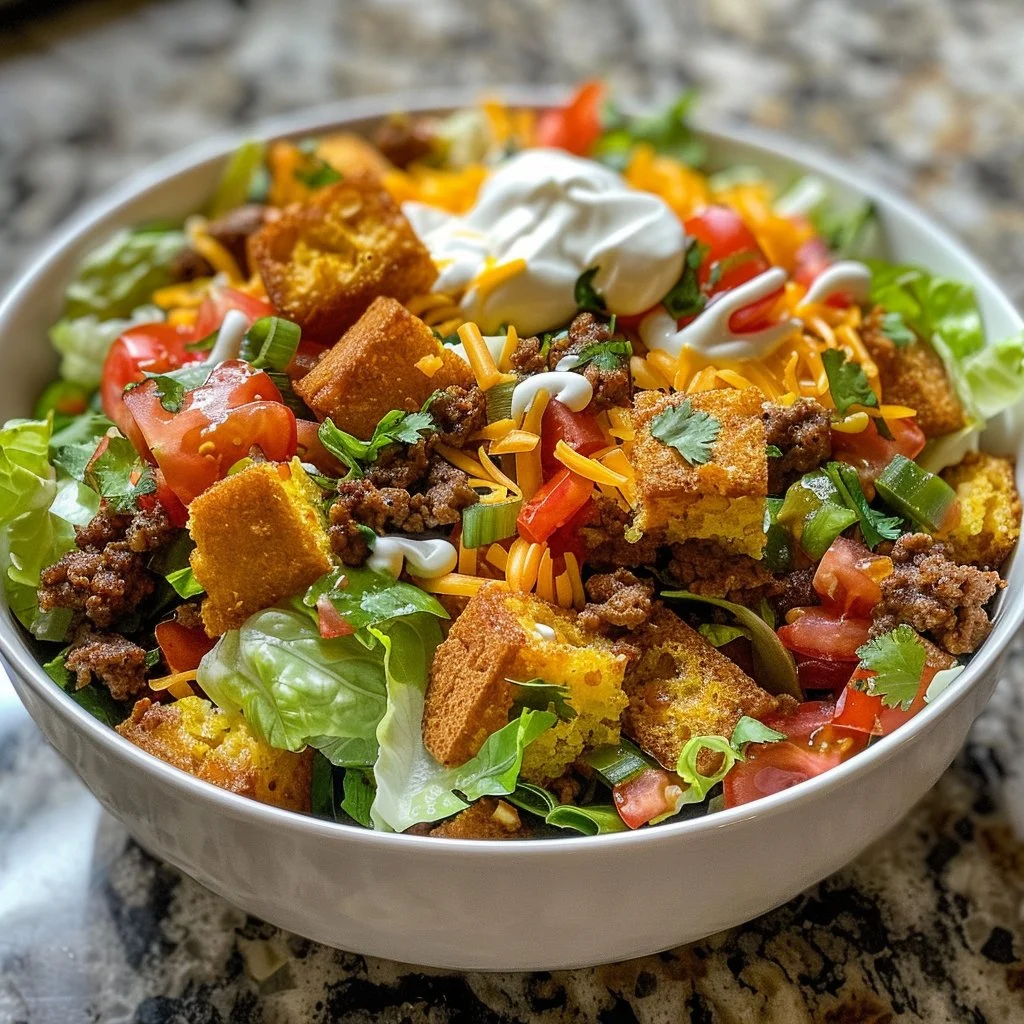 Delicious Taco Cornbread Salad served with fresh ingredients