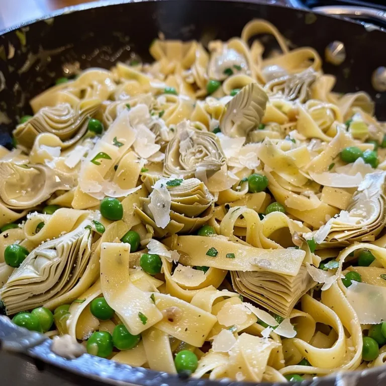 Plate of tagliatelle with artichokes and spring vegetables