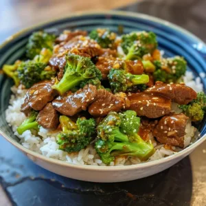 Plate of teriyaki beef stir-fried with broccoli, garnished with sesame seeds.