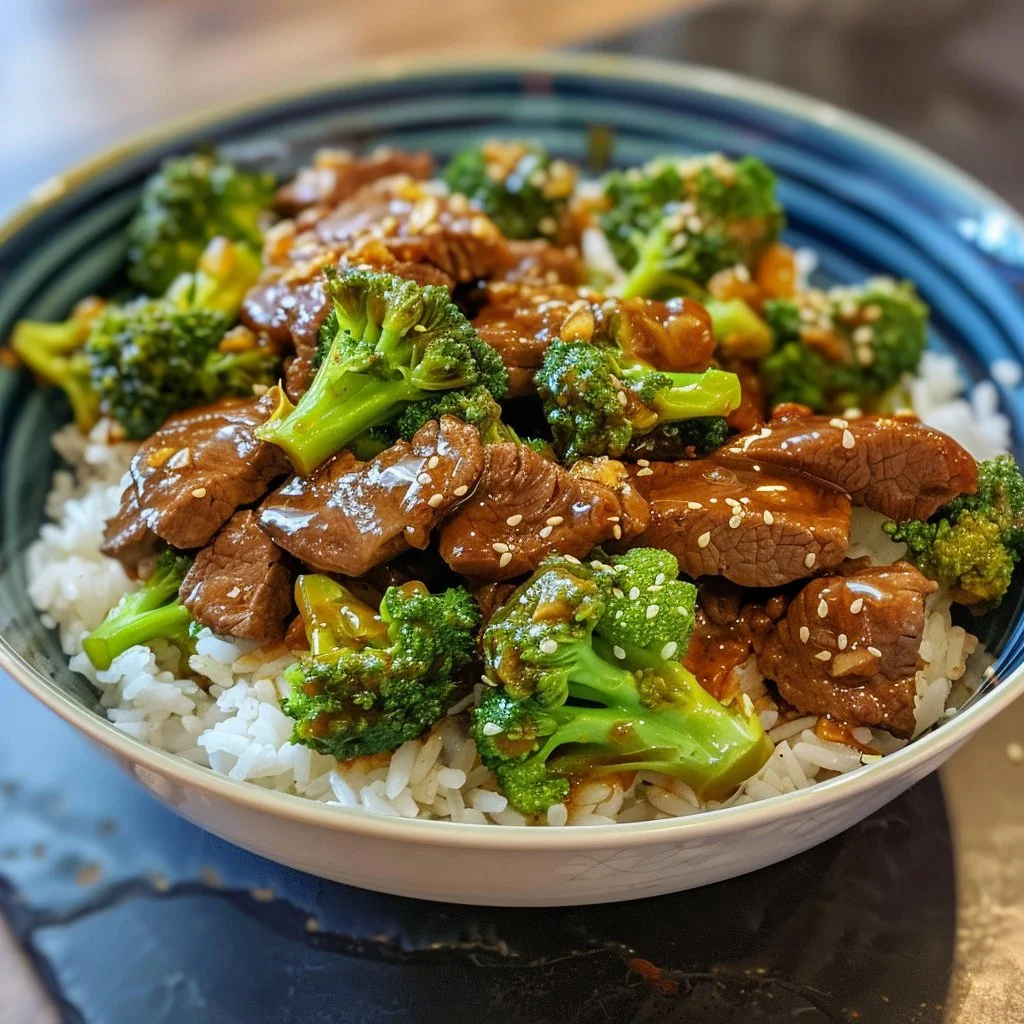 Plate of teriyaki beef stir-fried with broccoli, garnished with sesame seeds.