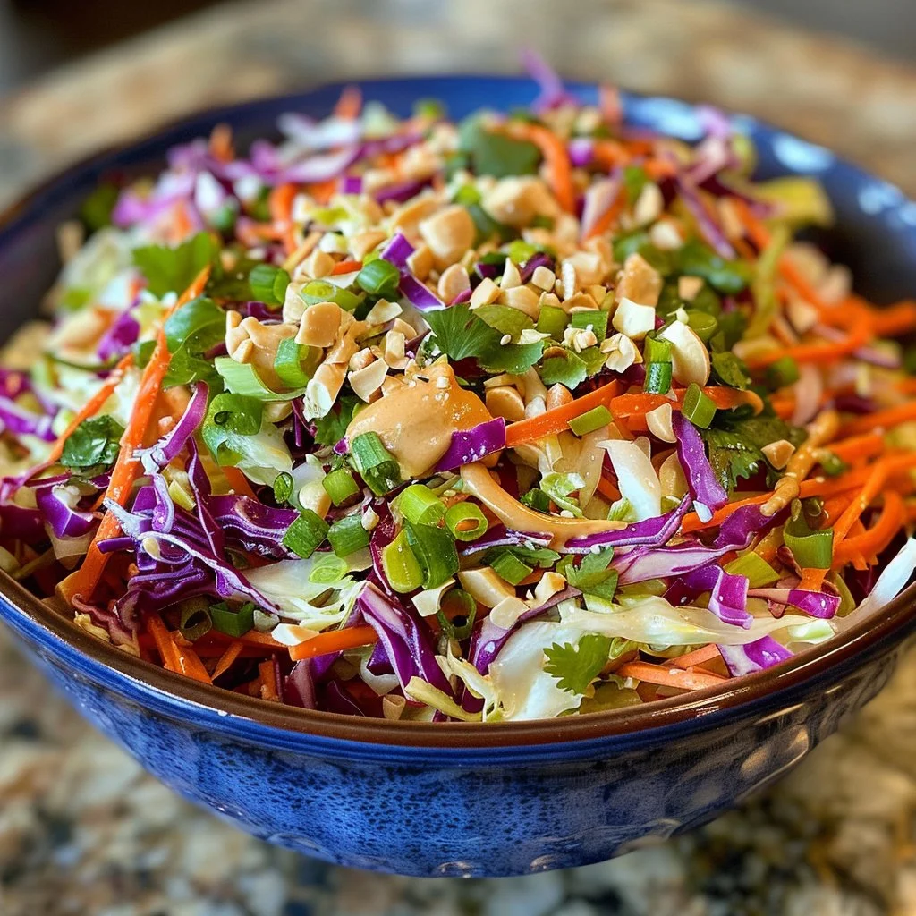 Thai Crunchy Cabbage Salad with vibrant vegetables and dressing