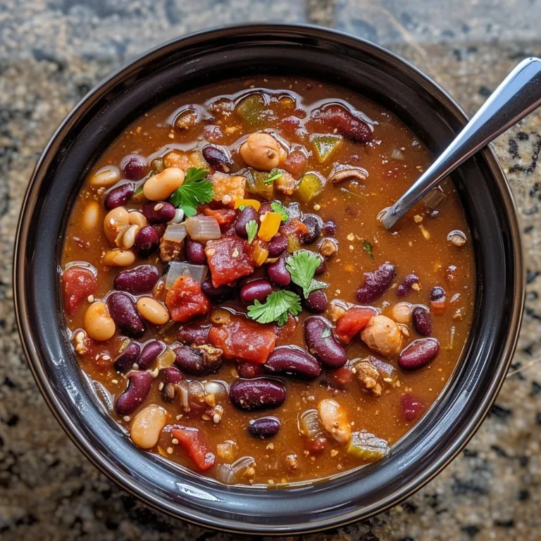 A hearty bowl of three-bean chili topped with fresh herbs.
