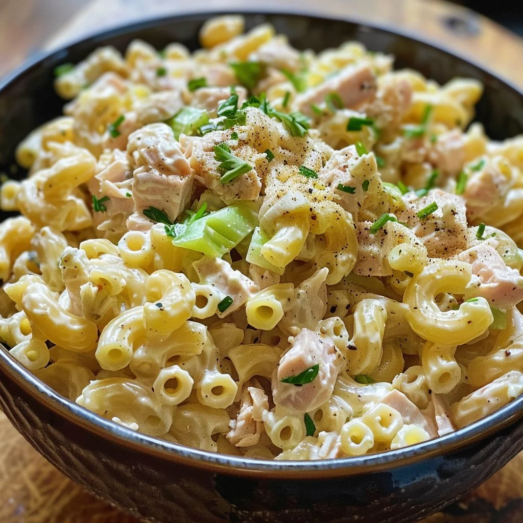 Bowl of Tuna Macaroni Salad with vegetables and dressing